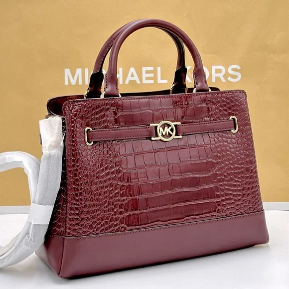 NWT MICHAEL MICHAEL KORS Reed
Large Croc-Embossed Leather Belted
Satchel Oxblood - Picture 1 of 16